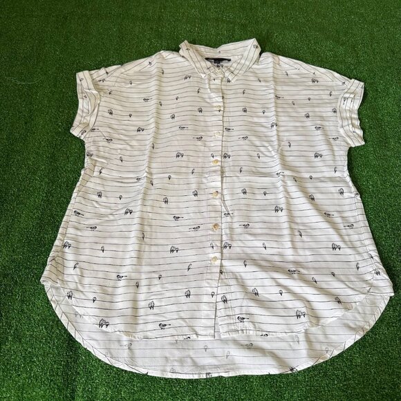Jane + Delancey Button Up Bird on a Wire Pattern Lightweight White Blouse Size M - Picture 1 of 13